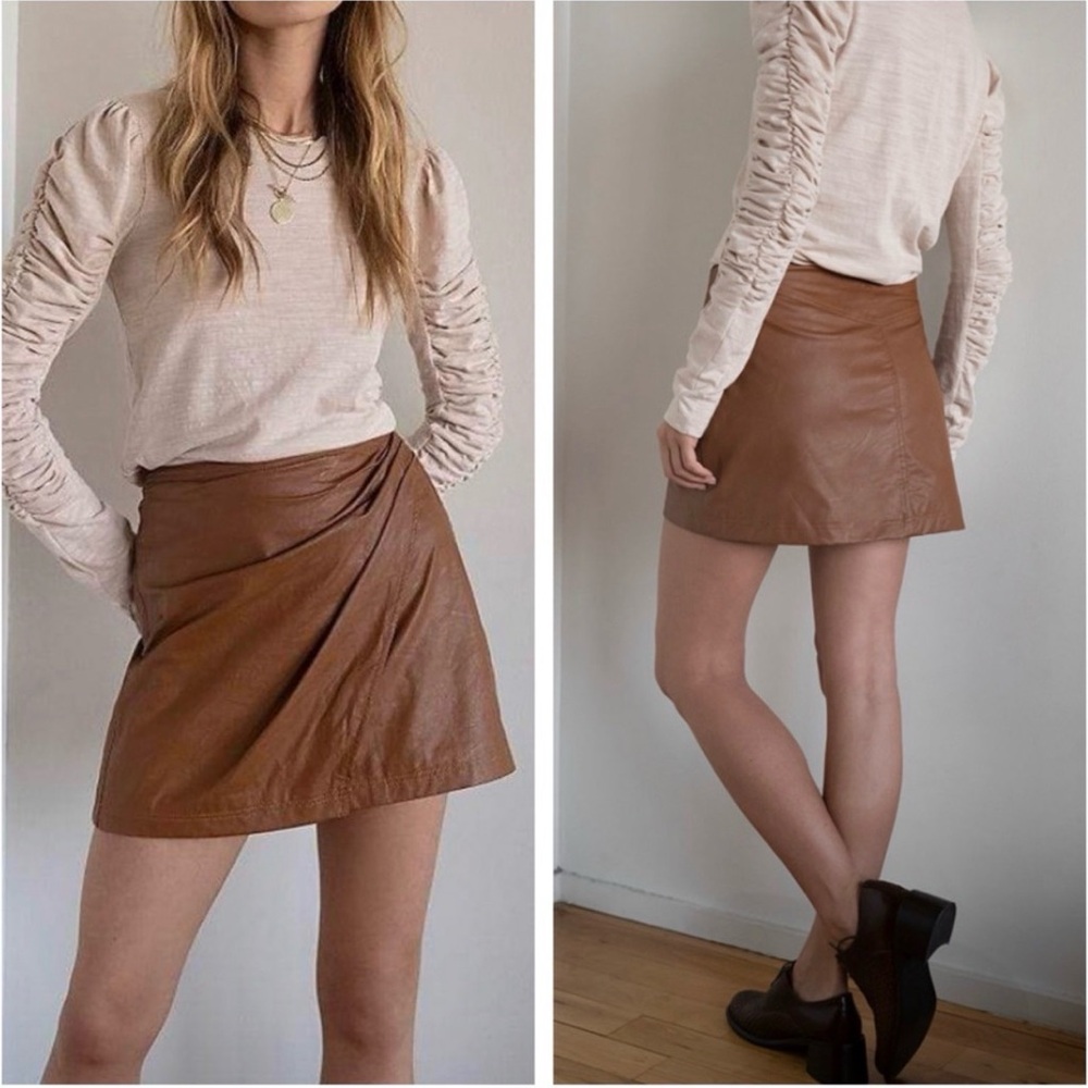 NWT Free People Fake It Brown Faux Leather Mini Wrap Skirt